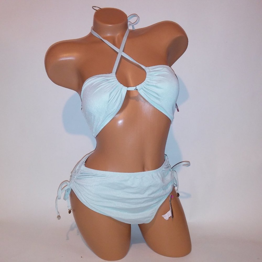 Victoria Secret Swim Bikini Large Top & Bottom Mint Green Glitter Shimmer Multiw